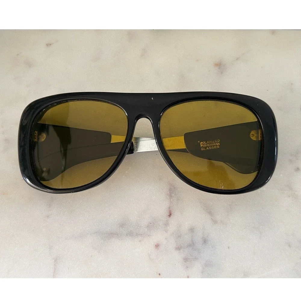 Vintage Polarized Fisherman Glasses Japan 3787 Black Frame Amber Lens Wrap